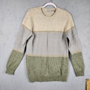 Lambswool Sweater Mens XL Cream Gray Green Colorblock Crewneck Knit Pullover